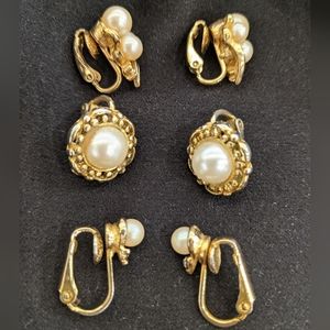 Pearl and Gold Costume Jewelry Clip-On Earrings 3 for $7
